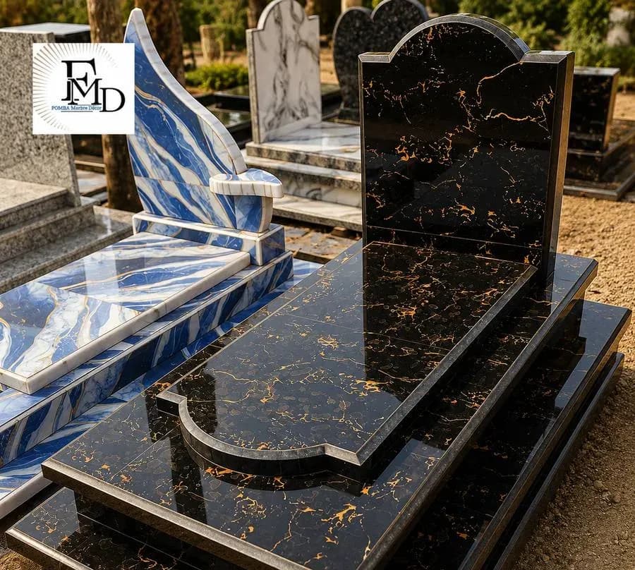Monument funéraire en marbre noir veiné d'or, cimetière au Cameroun