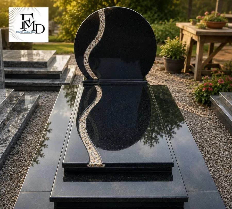 Monument funéraire rond en granit noir, jardin au coucher du soleil